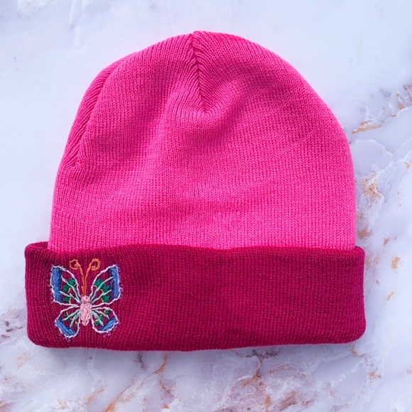 Pink Butterfly Hand Embroidered Kids Winter Hat Beanie - Picture 1 of 3